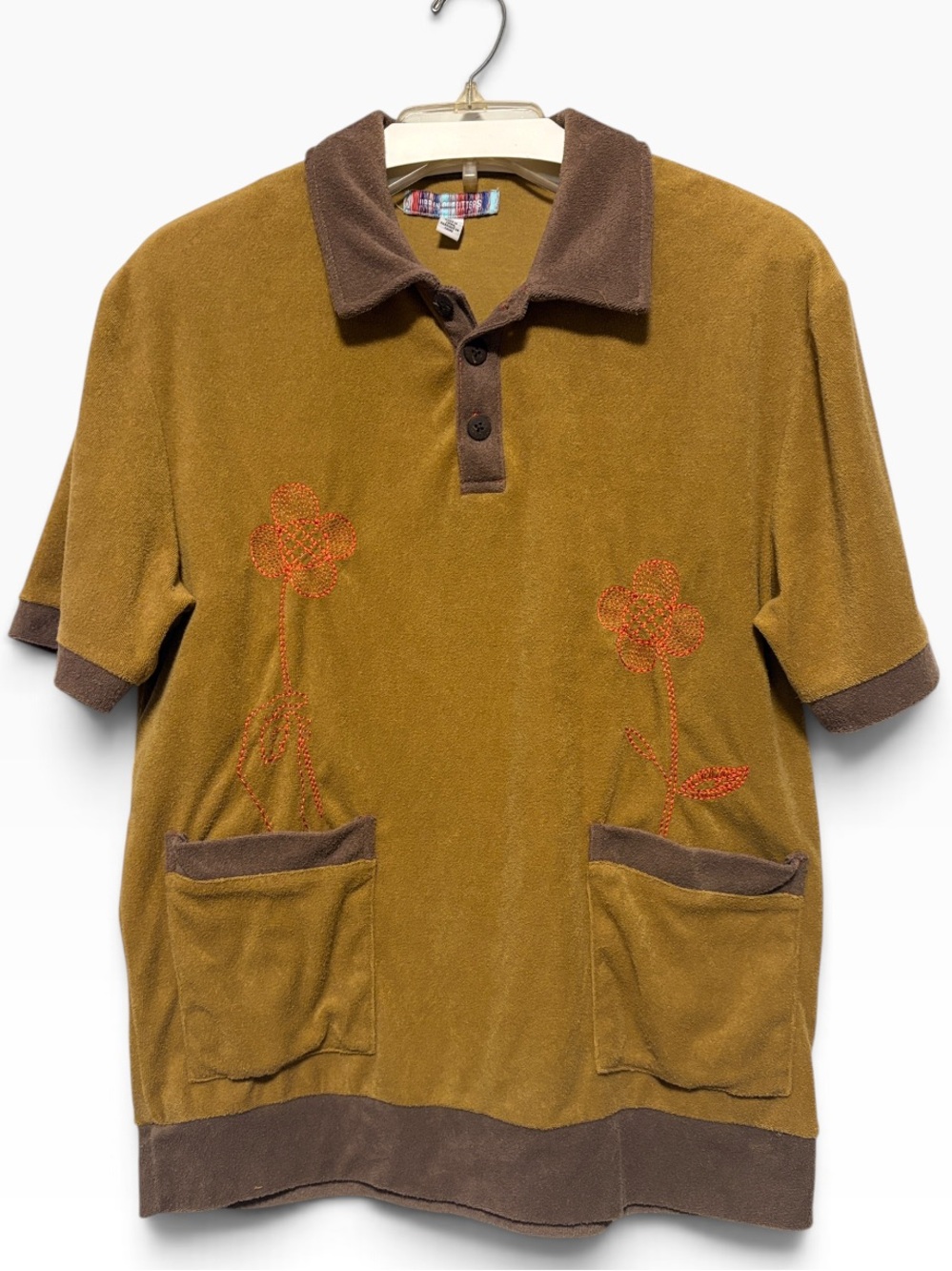 URBAN OUTFITTERS Terry Cloth Polo Olive with Embroidered Flowers